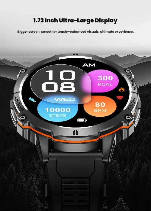 Smartwatch with a large display showing fitness metrics against a mountainous background