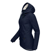 Side view of a navy hooded jacket with white fleece-look hood lining, drawstrings and a buttoned front pocket against a white background