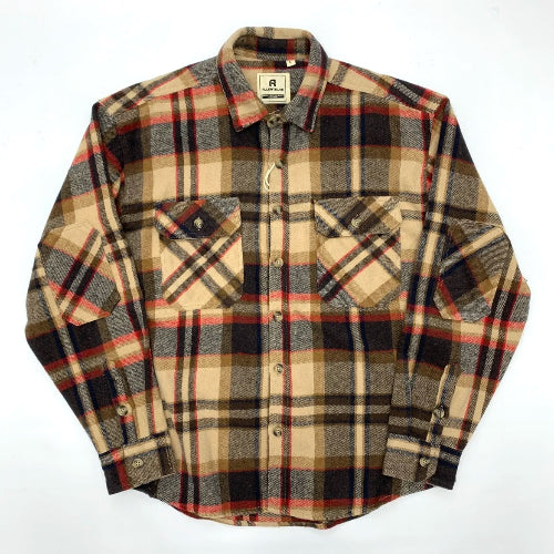 Plaid shirt with a pattern of brown, red, and beige on a white background