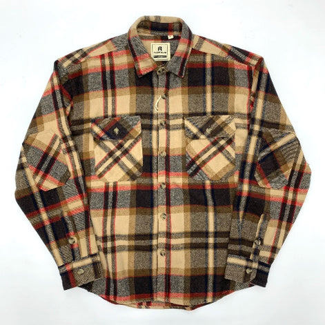 Plaid shirt with a pattern of brown, red, and beige on a white background