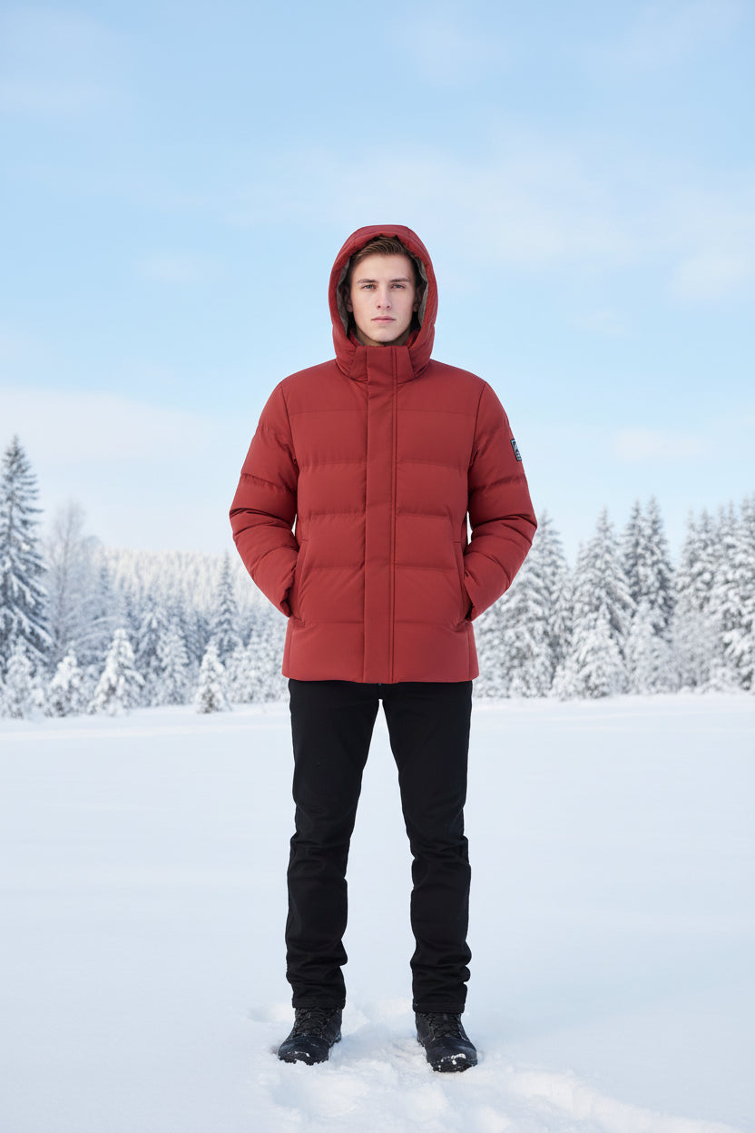 Red winter jacket with a hood on a white background