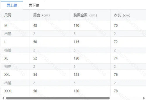 A size chart table showing measurements for men's clothing, with columns for M through XXXL, 