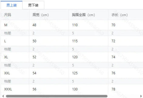 A size chart table showing measurements for men's clothing, with columns for M through XXXL, 