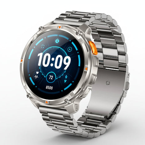 Smartwatch with metal band on a dark background, highlighting 