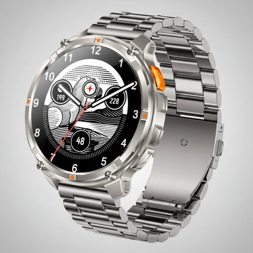 Smartwatch with metal band on a dark background, highlighting features like 1100mAh battery and IP68 waterproof rating.