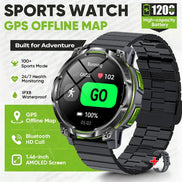 A black sports watch with a textured link band and a round AMOLED screen, shown on a white background with promotional text and feature icons. 