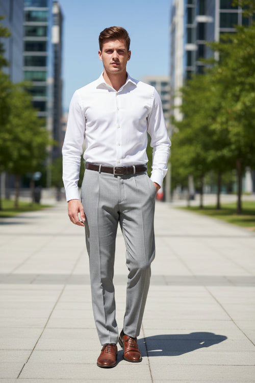 Gray pants with a single pleat on a white background