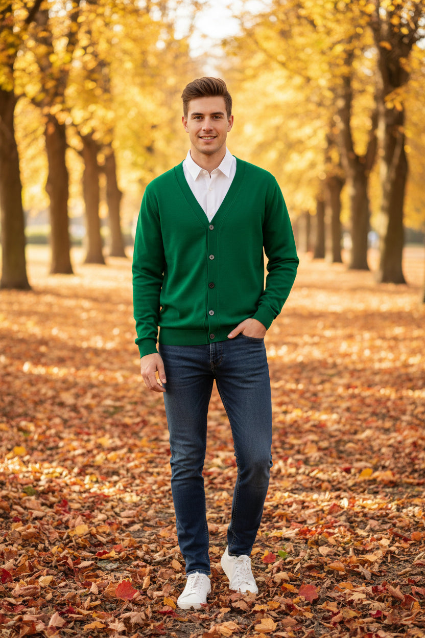 Green cardigan over a white shirt on a wooden hanger against a dark background