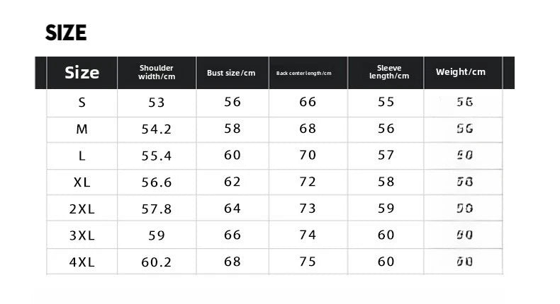 Size chart for clothing with measurements in centimeters