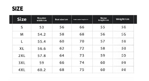 Size chart for clothing with measurements in centimeters