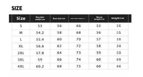 Size chart for clothing with measurements in centimeters