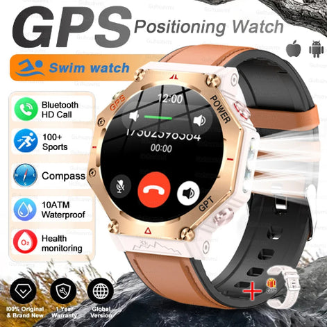 GPS positioning watch with features listed on a white background