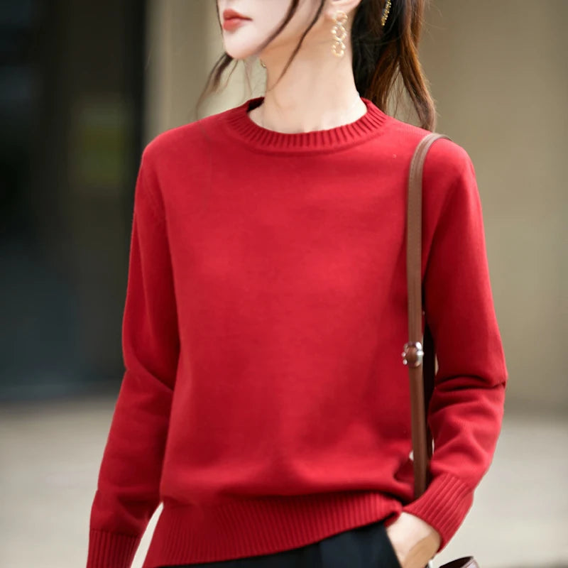 Women's autumn and winter 100% pure cotton knitted round neck soft pullover casual solid color warm sweater fashionable hot sell