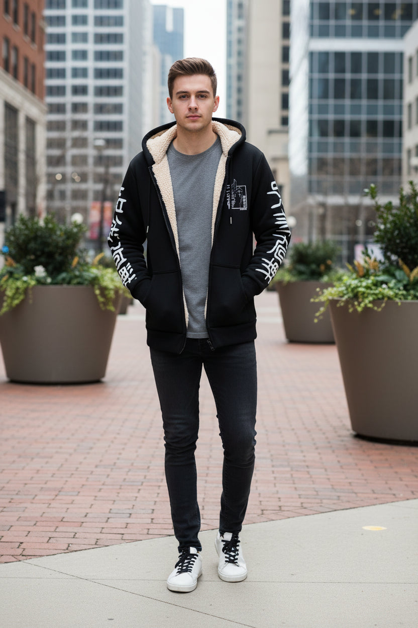 Black hoodie with white text and a wolf and person design on the back, shown from front and back views.
