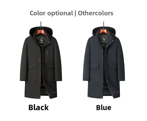 Two hooded parkas shown side by side on a white background, labeled Black and Blue, with the text 'Color optional | Othercolors' above them.