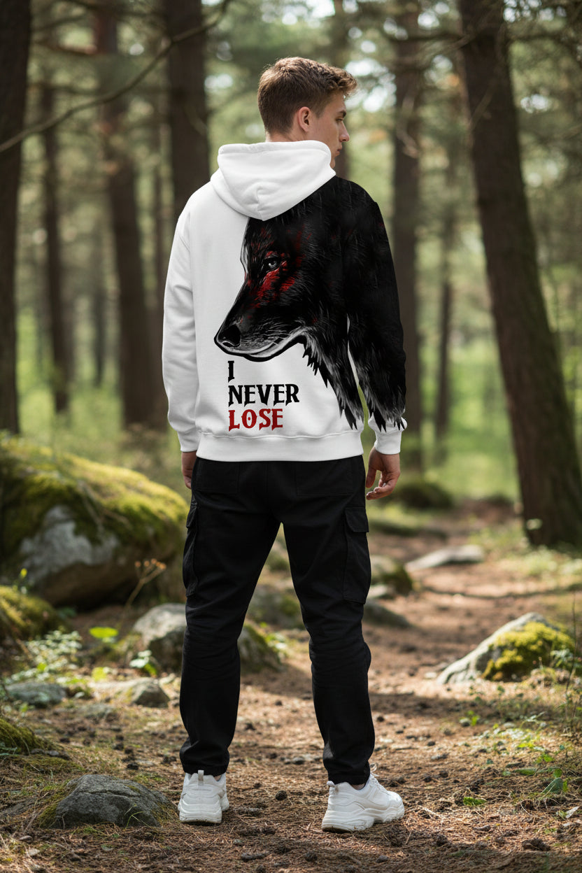 Hoodie with a wolf design and 'I Never Lose' text on a white background