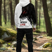 Hoodie with a wolf design and 'I Never Lose' text on a white background