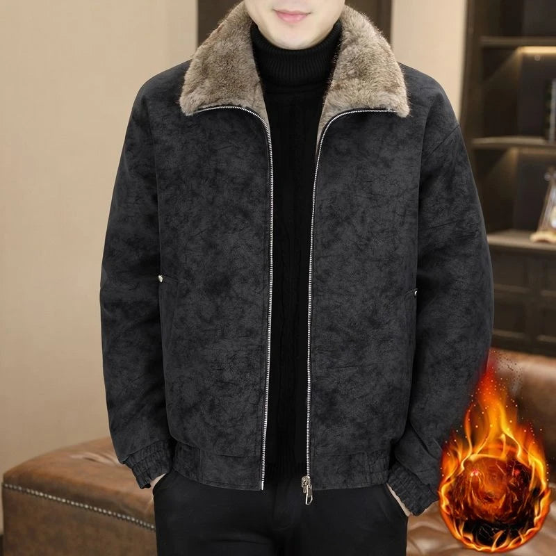 Winter Fleece and Thickened Leather Jacket for Men with A Fur Collar Warm and Casual American High-end Faux Fur One-piece Jacket