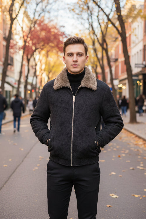 A man wearing a dark gray winter jacket with a thick brown faux-fur collar, layered over a black turtleneck.