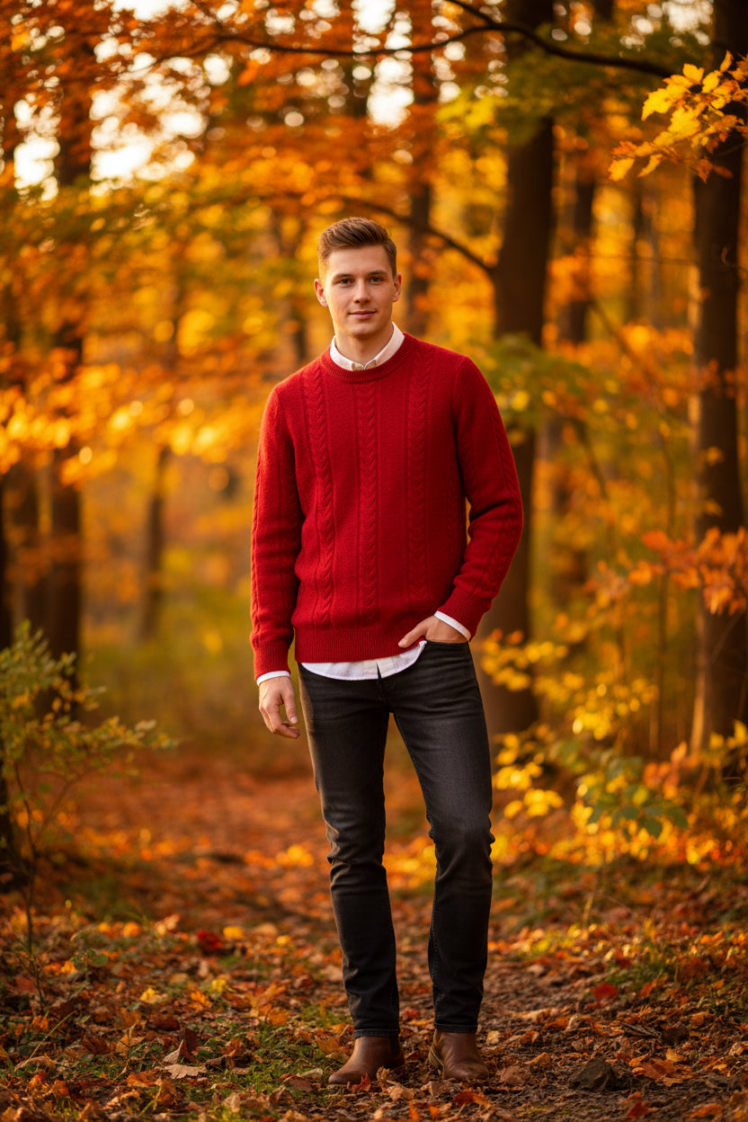 Red cable knit sweater on a wooden hanger with text 'Soft', 'Delicate', 'Warm' below.
