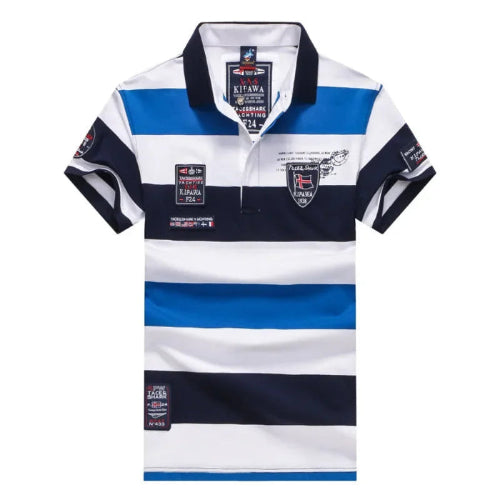 A men's short-sleeve polo shirt with horizontal navy blue, white, and light blue stripes, featuring various printed patches and logos on the chest and sleeves.