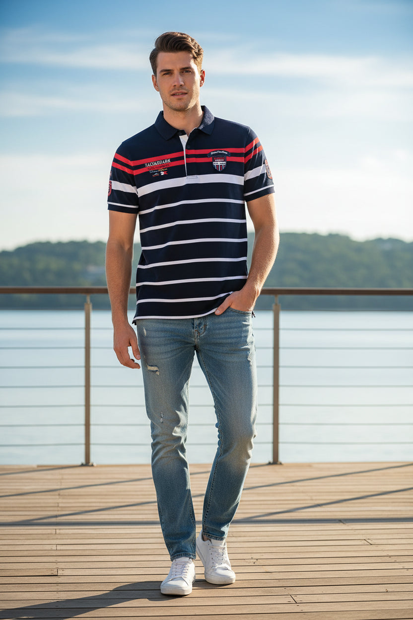 A short-sleeve polo shirt with horizontal navy, white, and red stripes, featuring embroidered logos on the chest, a white collar, and a white button placket, shown against a plain white background.