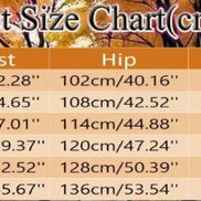 Product size chart table showing waist, hip, and length measurements in centimeters and inches for sizes S through XXXL, with a warm orange-brown header.