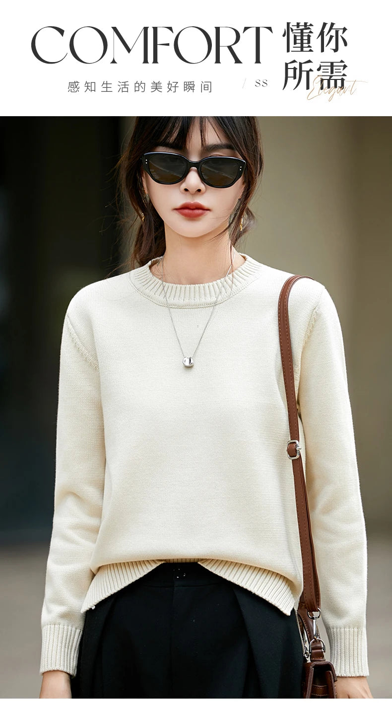 Women's autumn and winter 100% pure cotton knitted round neck soft pullover casual solid color warm sweater fashionable hot sell