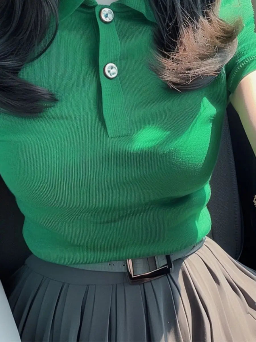 2026 Summer New Solid Color Short Sleeve Stylish Slim Fit Korean Style Polo Collar Hot Girl Top for Women