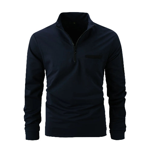 Black long-sleeve shirt with a quarter zip on a white background