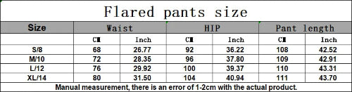A size chart table for flared pants showing sizes S/8 through XL/14, with columns for Waist, Hip, and Pant length in both centimeters and inches. 