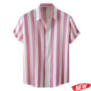 Pink and white striped shirt on a white background with 'NEW' label.