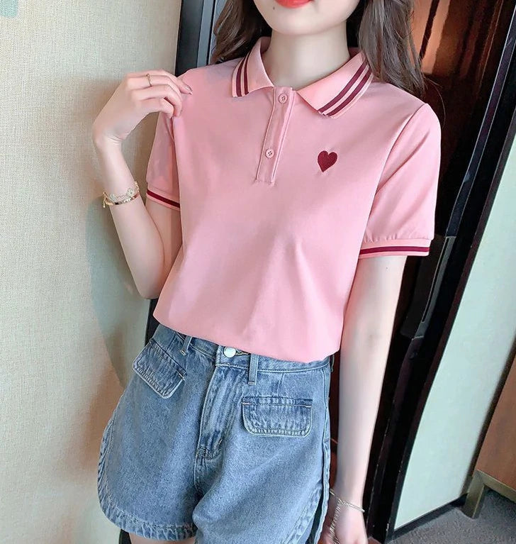 Polo Neck Shirt for Women100℅ Cotton  Woman T Embroidery Button Graphic Slim Korean Clothing Trend 2025 Youthful Elegant Style