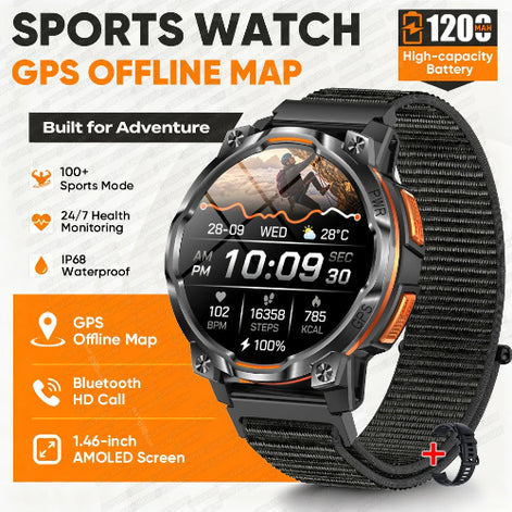 A rugged sports watch with a black strap and black case accented by orange details, shown on a white background with promotional text highlighting GPS offline 