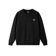 Black sweatshirt with a small red logo on a white background
