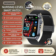 Smartwatch with features listed on a beige background