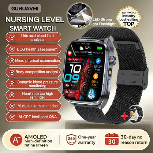 Smartwatch with features listed on a beige background
