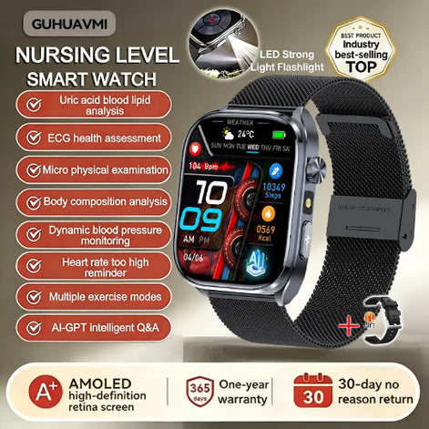 Smartwatch with features listed on a beige background