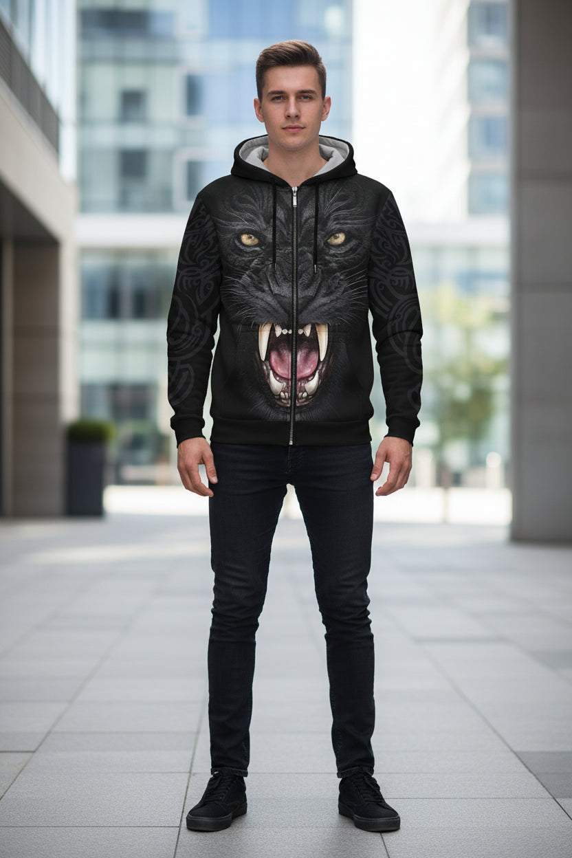Black hoodie with a panther face design on a white background