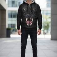 Black hoodie with a panther face design on a white background