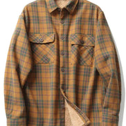 A long-sleeve plaid button-up shirt jacket in a mustard yellow, brown, and green tartan pattern, featuring a soft beige sherpa lining visible at the collar and hem, displayed on a wooden hanger against a white background.