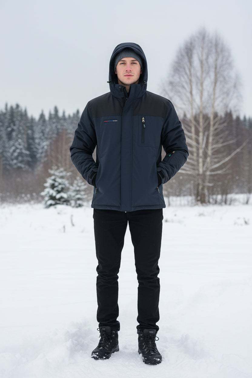 Dark gray jacket with a hood on a gray background