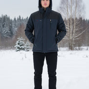 Dark gray jacket with a hood on a gray background