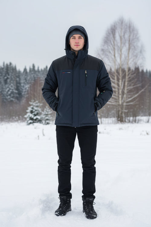 Dark gray jacket with a hood on a gray background