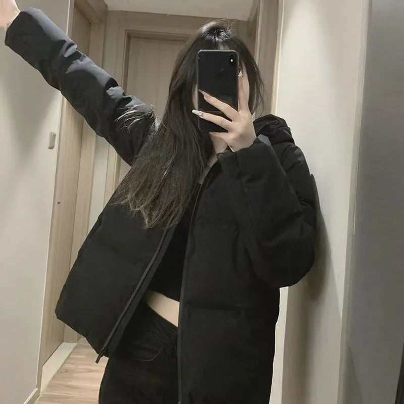 Autumn Winter Cotton-Padded Jacket for Women Thickened Warm Hooded Puffer Parkas Korean Casual Long Sleeve Down Cotton Outwear