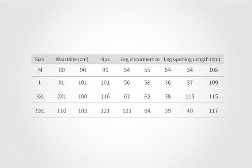Size chart for pants with measurements in centimeters