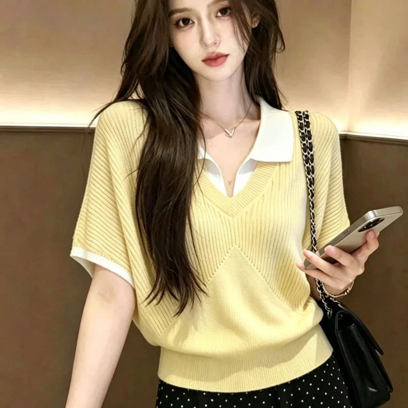 Polo Neck Contrast Patchwork Fake Two Ice Silk Korean Tops Women Clothes Thin Short Sleeve Trend T Shirts Elegant Fashion Summer