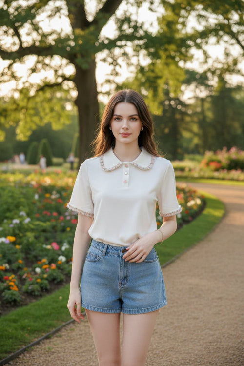 A woman wearing a short-sleeve cream-colored polo shirt with a frayed, tweed-style Peter Pan collar and matching sleeve trim