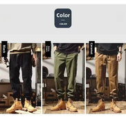 Color comparison showing models wearing loose-fit cargo pants in black, army green, and caramel brown with tan lace-up boots.