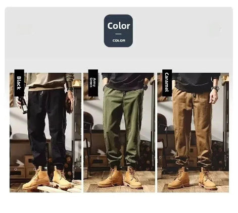 Color comparison showing models wearing loose-fit cargo pants in black, army green, and caramel brown with tan lace-up boots.